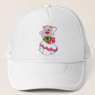 Varken met trouwjurk & bos bloemen trucker pet