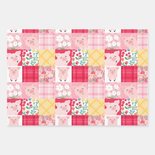 Varken Patchwork Bloemen Rustiek Verjaardagsfeest Inpakpapier Vel (Voorkant 2)