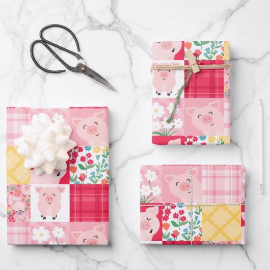 Varken Patchwork Bloemen Rustiek Verjaardagsfeest Inpakpapier Vel (Voorkant)