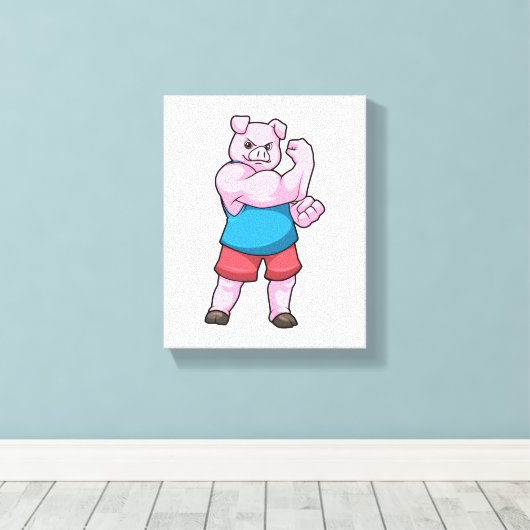 Varkens als Bodybuilder met grote bovenarm Canvas Afdruk (Insitu (Houten vloer))