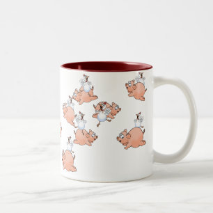 Varkens en kippen springen. tweekleurige koffiemok
