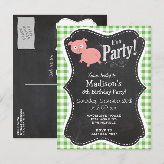 Varkens; Groen Gingham Uitnodiging Briefkaart (Voorkant / Achterkant)
