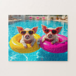 varkens in het zwembad op vakantie legpuzzel