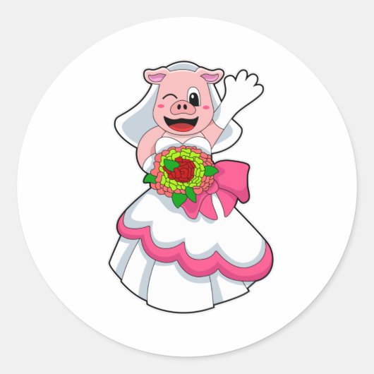 Varkens met bruiloft-jurk en bundel met bloemen ronde sticker (Voorkant)