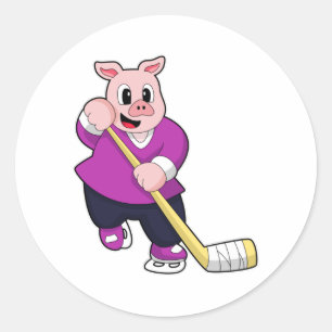 Varkens op ijshockey met ijshockeystick ronde sticker