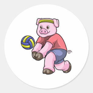 Varkens op sport met volleybal ronde sticker