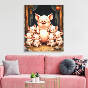 Varkenskunst – Moeder & Biggen Canvas Afdruk