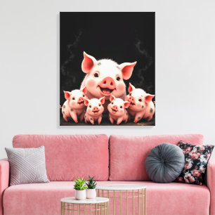 Varkenskunstwerk – Moeder Varken & Biggen Canvas Afdruk