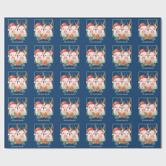 Varkenspaar Kerstmis Kerstman en rendieren Cadeaupapier (Vlak)