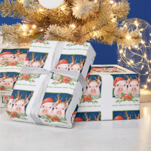 Varkenspaar Schattige Kerstman en rendieren Cadeaupapier