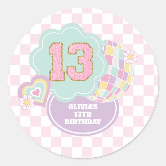 Varsity preppy pastel patch 13e verjaardag ronde sticker (Voorkant)