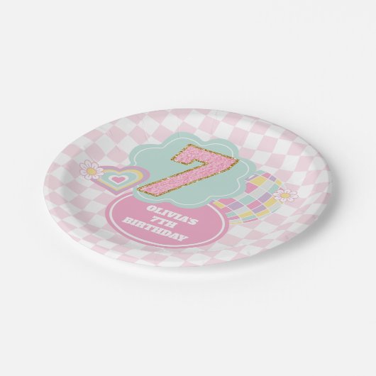 Varsity preppy pastel patch 7e verjaardag papieren bordje (Gekanteld)