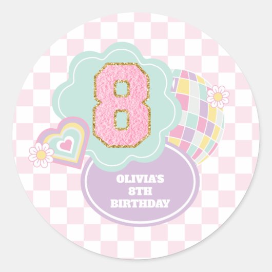 Varsity preppy pastel patch 8e verjaardag ronde sticker (Voorkant)