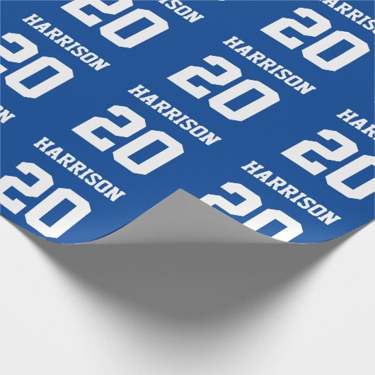 Varsity Sport blue en white custom name number Cadeaupapier (Hoek)