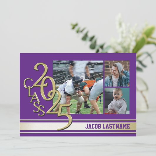 Varsity Streep Drie Foto Gouden Afstudeeruitnodigi Kaart (Staand voorkant)