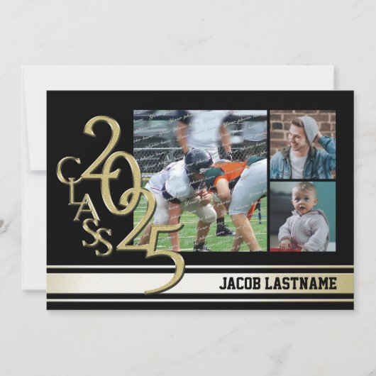 Varsity Stripe Tri Photo Gold Graduate Invitation (Devant)