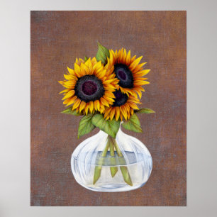 Vase de tournesols sur une affiche marron rustique