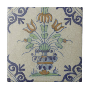 Vase de tulipes en carreaux de Delft antiques : bl