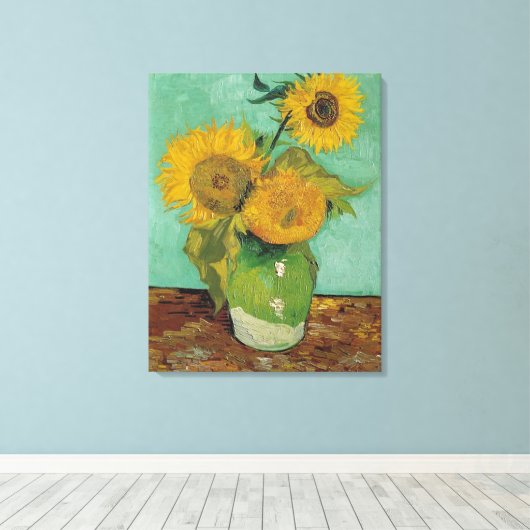Vase met drie zonnebloemen, Vincent van Gogh Canvas Afdruk (Insitu (Houten vloer))