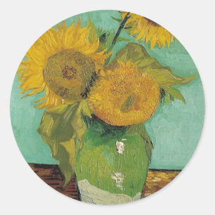 Vase met drie zonnebloemen, Vincent van Gogh Ronde Sticker