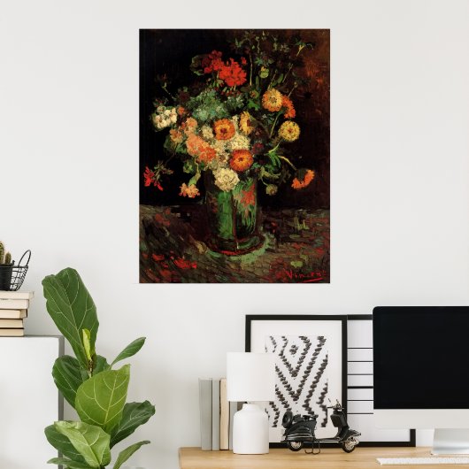 Vase met Zinnias en Geraniums, Vincent van Gogh Poster (Thuiskantoor)