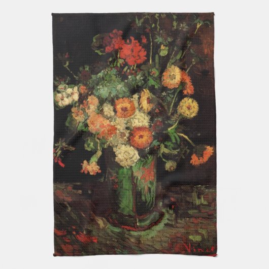 Vase met Zinnias en Geraniums, Vincent van Gogh Theedoek (Verticaal)