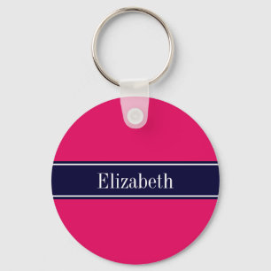 Vaste frambozen, monogram Navy Blue Ribbon Name Sleutelhanger