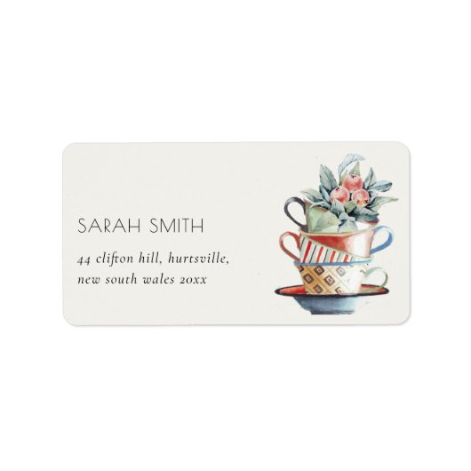 Vaste gestapelde kopjes Floral Tea Party Adres Etiket (Voorkant)