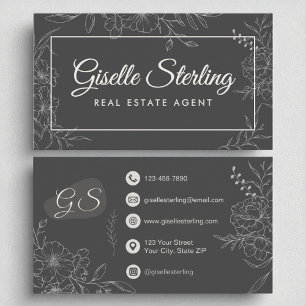 Vastgoedmakelaar Moody Charcoal Gray Floral Visitekaartje