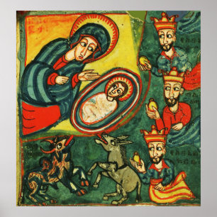 VASTSTELLING VAN MAGI ,PRIMITIVE NATIVITY Kerstmis Poster