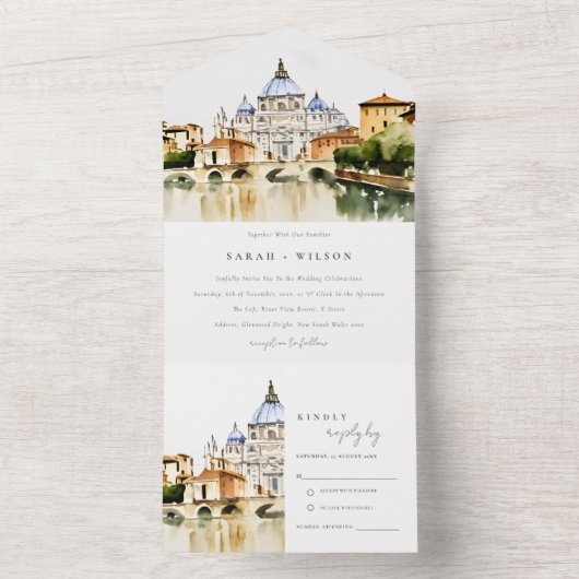 Vaticaan Rome Waterverf Landschap Weddenschap All In One Uitnodiging (Binnen)