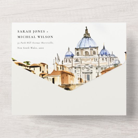 Vaticaan Rome Waterverf Landschap Weddenschap All In One Uitnodiging (Achterkant)