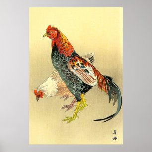 Vechtende Haan en Hen Tsuji Kako 1900-1910s Poster