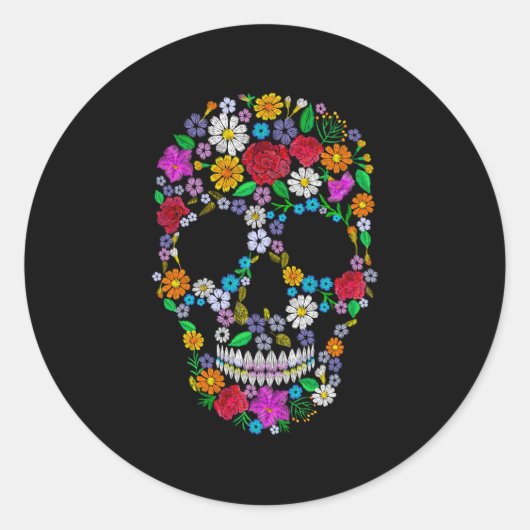 Vector  geborduurde bloemschedel. muertos d ronde sticker (Voorkant)