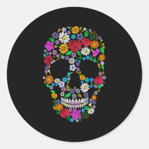 Vector geborduurde bloemschedel. muertos d ronde sticker