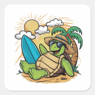 Vector illustratie van een groene zeeen schildpad( vierkante sticker