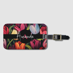 Vector Kleurrijk Blad Monogram Tulp Patroon Bagagelabel
