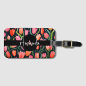 Vector Roze Blad Script Monogram Tulp Patroon Bagagelabel (Voorkant (horizontaal))