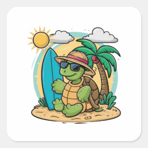 Vectorillustratie van een groene zeeen schildpad d vierkante sticker