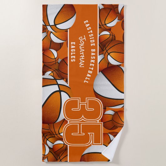 Veel basketballen atleet naam sinaasappel wit strandlaken (Voorkant)