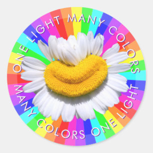 “Veel Kleuren Eén Licht” Glimlachende Kamille Rege Ronde Sticker