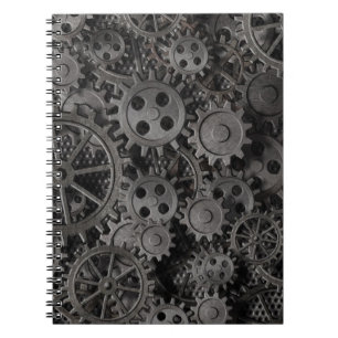Veel oude roestige metalen tandwielen of machineon notitieboek