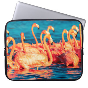Veel roze koraal mooie wilde flamingos in blauw l laptop sleeve