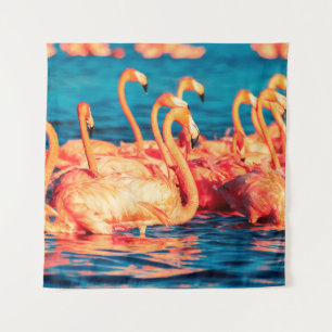 Veel roze koraal mooie wilde flamingos in blauw l wandkleed