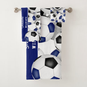Veel voetballen zwart blauw team kleuren cadeaus bad handdoek