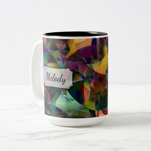 Veelkleurige, caleidoscopische Abstracte kunst w / Tweekleurige Koffiemok (Voorkant links)