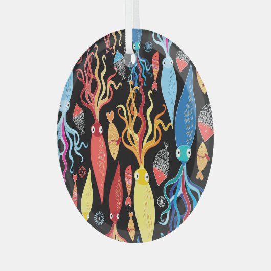 Veelkleurige inktvis zwarte achtergrond glas ornament (Voorkant links)