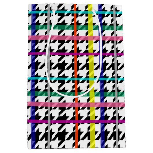 Veelkleurige lijnen op geplakt houndstooth ontwerp medium cadeauzakje (Voorkant)