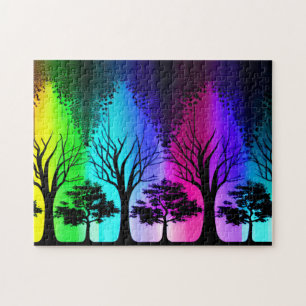 Veelkleurige lucht over zwarte silhouet bomen legpuzzel