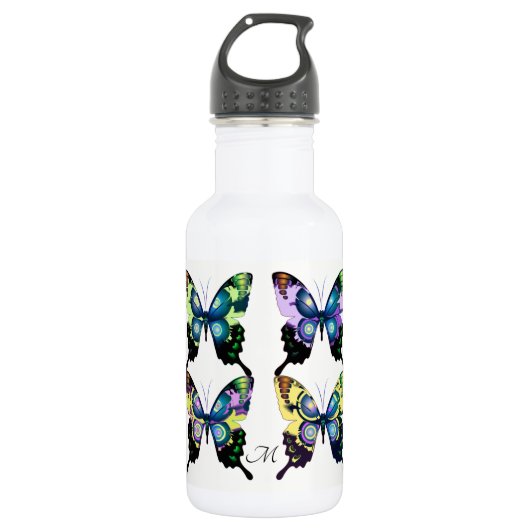 Veelkleurige Moderne Retro Vlinders Monogram Waterfles (Voorkant)